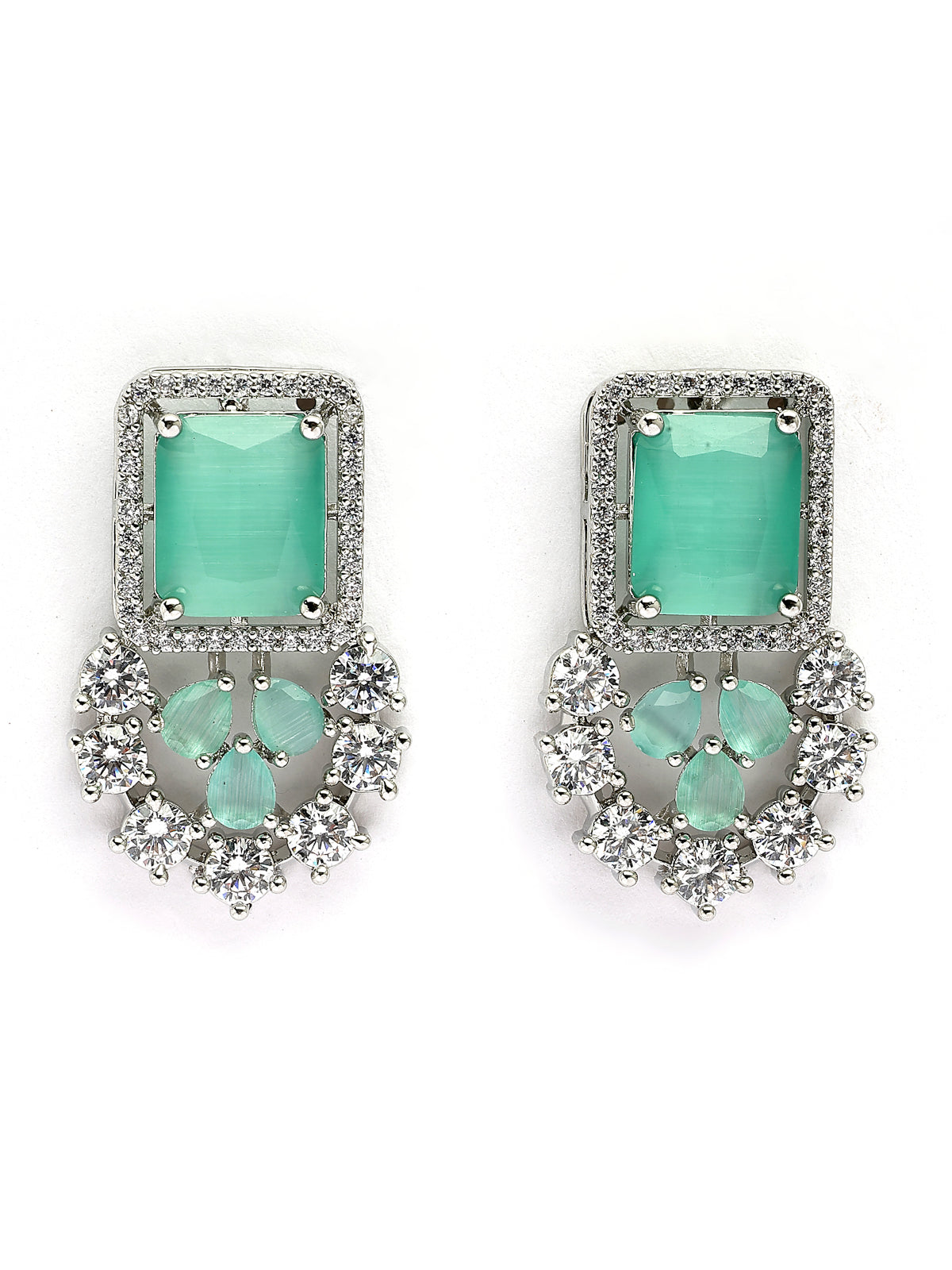 Sukkhi Elegant Style Rhodium Plated Cubic Zirconia Studded Mint Green Brass Collar Necklace with Studs Earring & Maangtikka Jewellery Set for Women|Latest Stylish Gifts for All Occasions|NS115976