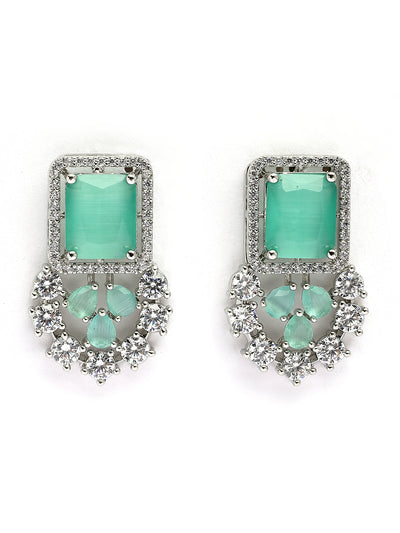 Sukkhi Elegant Style Rhodium Plated Cubic Zirconia Studded Mint Green Brass Collar Necklace with Studs Earring & Maangtikka Jewellery Set for Women|Latest Stylish Gifts for All Occasions|NS115976