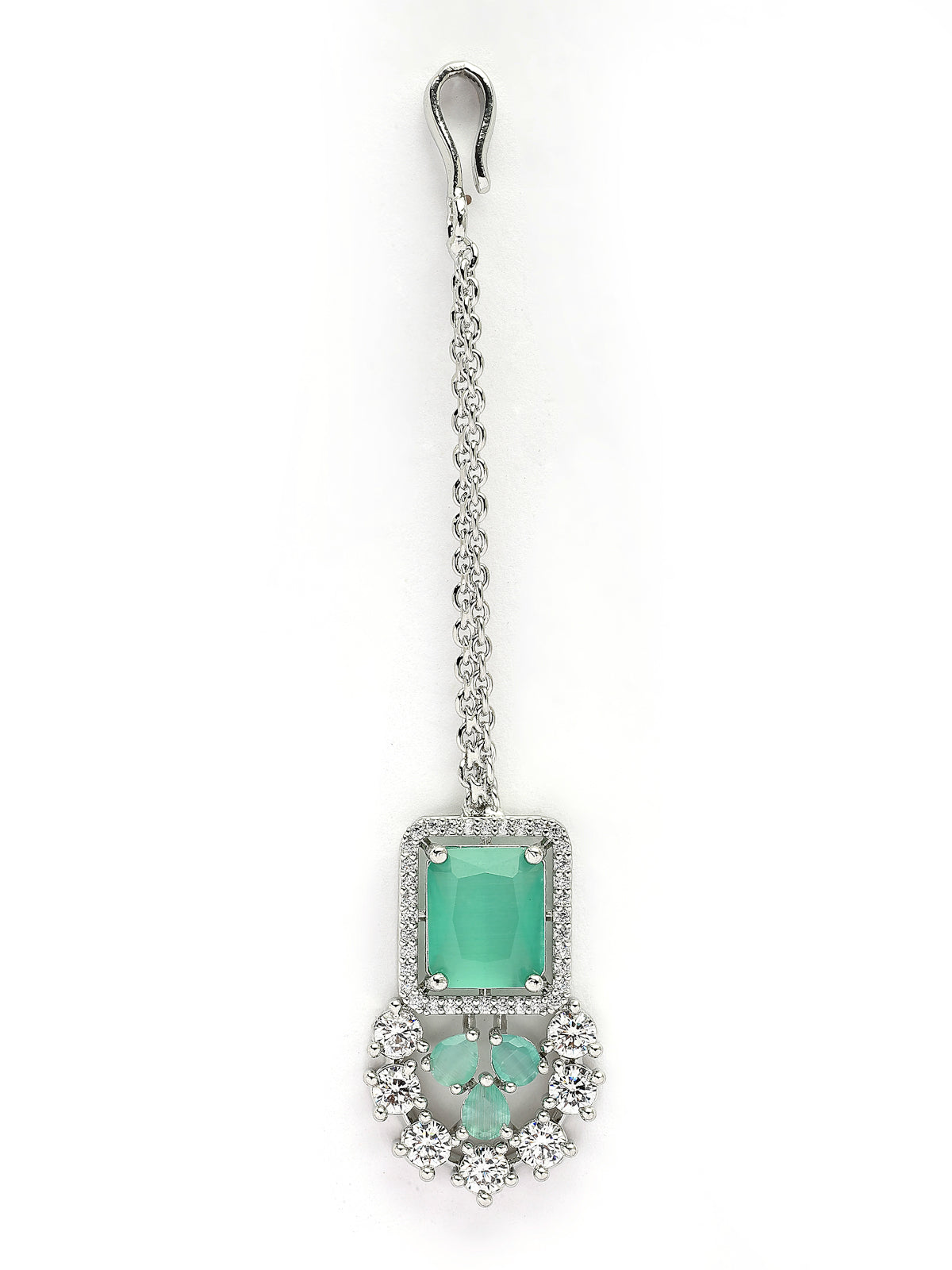 Sukkhi Elegant Style Rhodium Plated Cubic Zirconia Studded Mint Green Brass Collar Necklace with Studs Earring & Maangtikka Jewellery Set for Women|Latest Stylish Gifts for All Occasions|NS115976