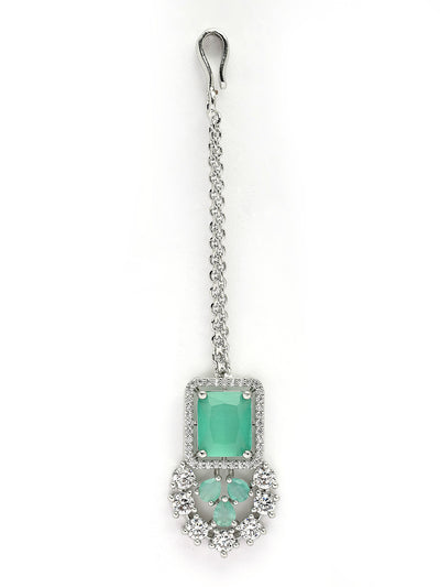 Sukkhi Elegant Style Rhodium Plated Cubic Zirconia Studded Mint Green Brass Collar Necklace with Studs Earring & Maangtikka Jewellery Set for Women|Latest Stylish Gifts for All Occasions|NS115976