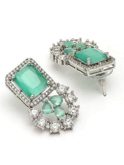 Sukkhi Elegant Style Rhodium Plated Cubic Zirconia Studded Mint Green Brass Collar Necklace with Studs Earring & Maangtikka Jewellery Set for Women|Latest Stylish Gifts for All Occasions|NS115976