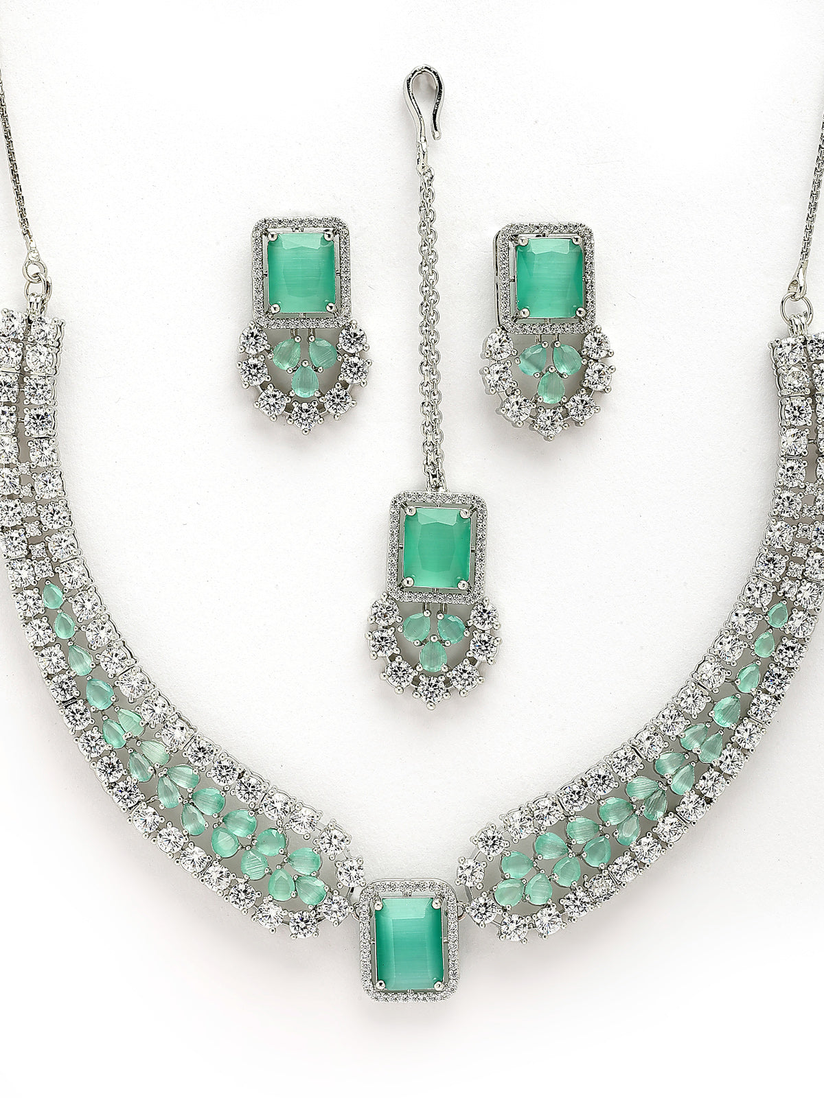 Sukkhi Elegant Style Rhodium Plated Cubic Zirconia Studded Mint Green Brass Collar Necklace with Studs Earring & Maangtikka Jewellery Set for Women|Latest Stylish Gifts for All Occasions|NS115976