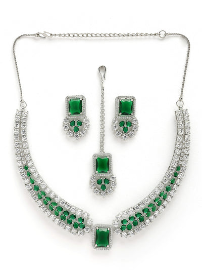 Sukkhi Latest Stylish Rhodium Plated Cubic Zirconia Studded Brass  Emerald Green Collar Necklace & Studs Earring & Maangtikka Jewellery Set for Women|Latest Stylish Gifts for All Occasions|NS115977