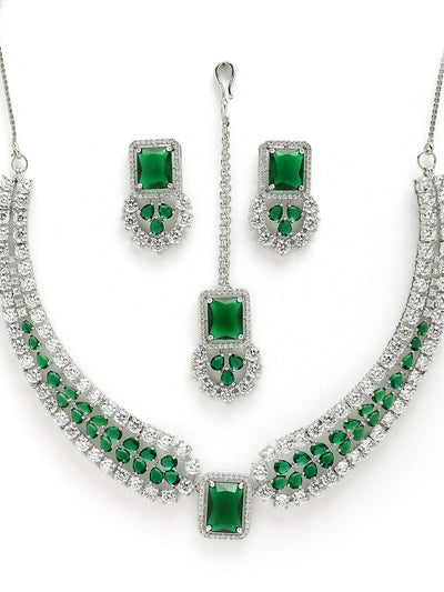 Sukkhi Latest Stylish Rhodium Plated Cubic Zirconia Studded Brass  Emerald Green Collar Necklace & Studs Earring & Maangtikka Jewellery Set for Women|Latest Stylish Gifts for All Occasions|NS115977