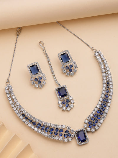 Sukkhi Royal Blue Fashionable Rhodium Plated Cubic Zirconia Studded Brass Collar Necklace with Studs Earring & Maangtikka Jewellery Set for Women|Latest Stylish Gifts for All Occasions|NS115978