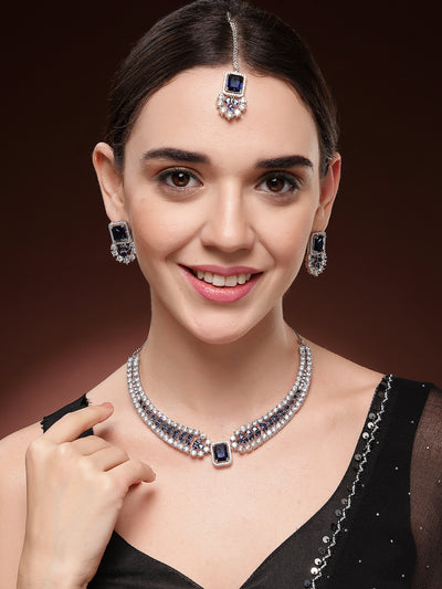 Sukkhi Royal Blue Fashionable Rhodium Plated Cubic Zirconia Studded Brass Collar Necklace with Studs Earring & Maangtikka Jewellery Set for Women|Latest Stylish Gifts for All Occasions|NS115978