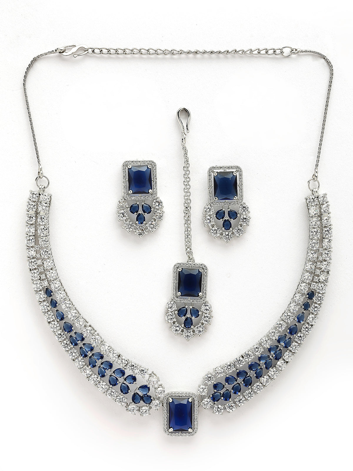 Sukkhi Royal Blue Fashionable Rhodium Plated Cubic Zirconia Studded Brass Collar Necklace with Studs Earring & Maangtikka Jewellery Set for Women|Latest Stylish Gifts for All Occasions|NS115978