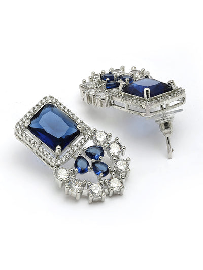 Sukkhi Royal Blue Fashionable Rhodium Plated Cubic Zirconia Studded Brass Collar Necklace with Studs Earring & Maangtikka Jewellery Set for Women|Latest Stylish Gifts for All Occasions|NS115978