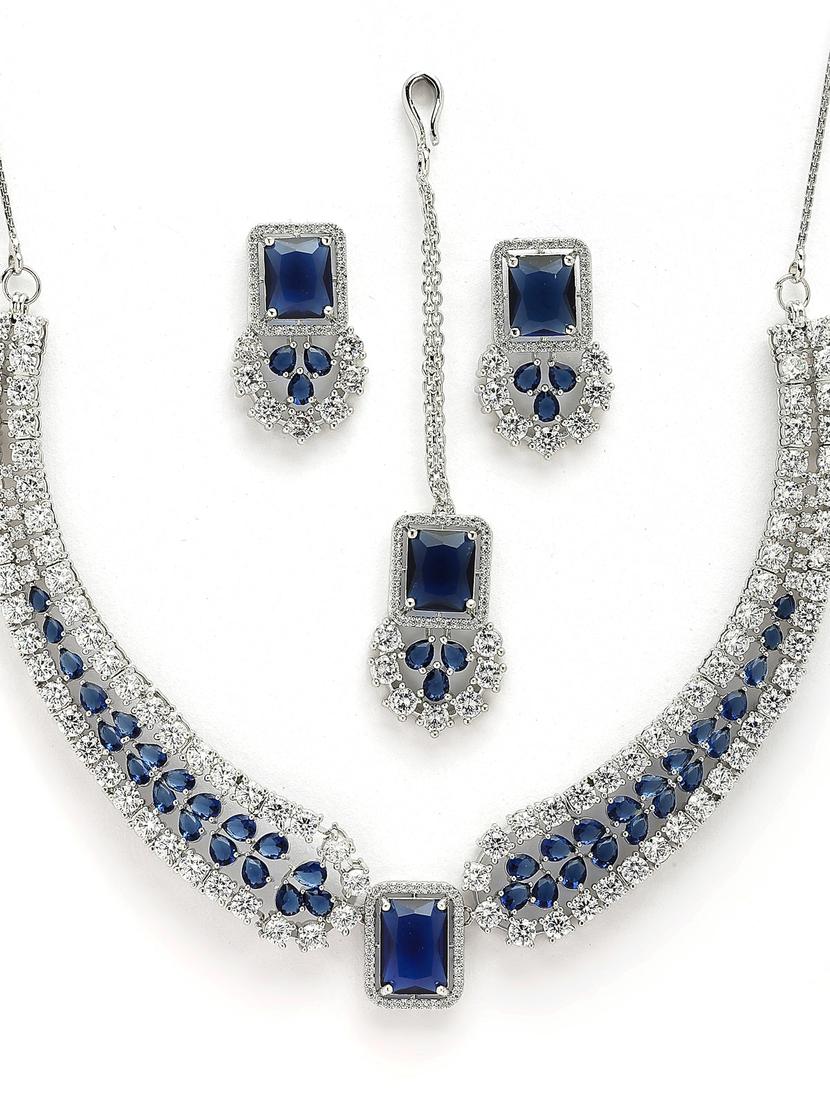 Sukkhi Royal Blue Fashionable Rhodium Plated Cubic Zirconia Studded Brass Collar Necklace with Studs Earring & Maangtikka Jewellery Set for Women|Latest Stylish Gifts for All Occasions|NS115978