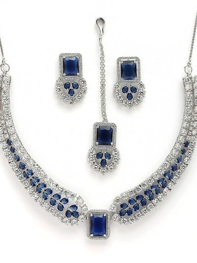 Sukkhi Royal Blue Fashionable Rhodium Plated Cubic Zirconia Studded Brass Collar Necklace with Studs Earring & Maangtikka Jewellery Set for Women|Latest Stylish Gifts for All Occasions|NS115978