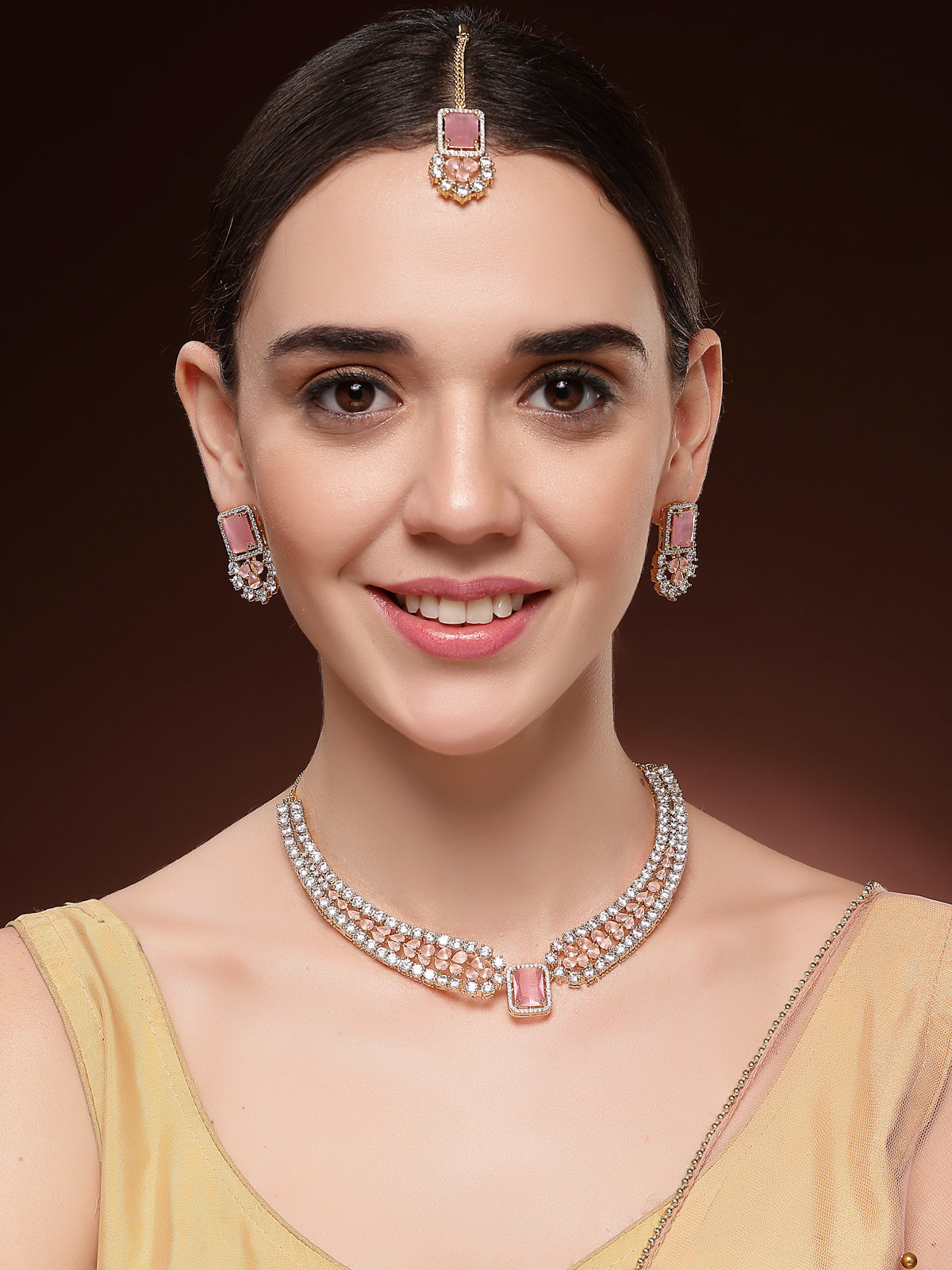 Sukkhi Charming Pink Fashion Gold Plated with Cubic Zirconia Studded Brass Collar Necklace with Studs Earring & Maangtikka Jewellery Set for Women|Latest Stylish Gifts for All Occasions|NS115979