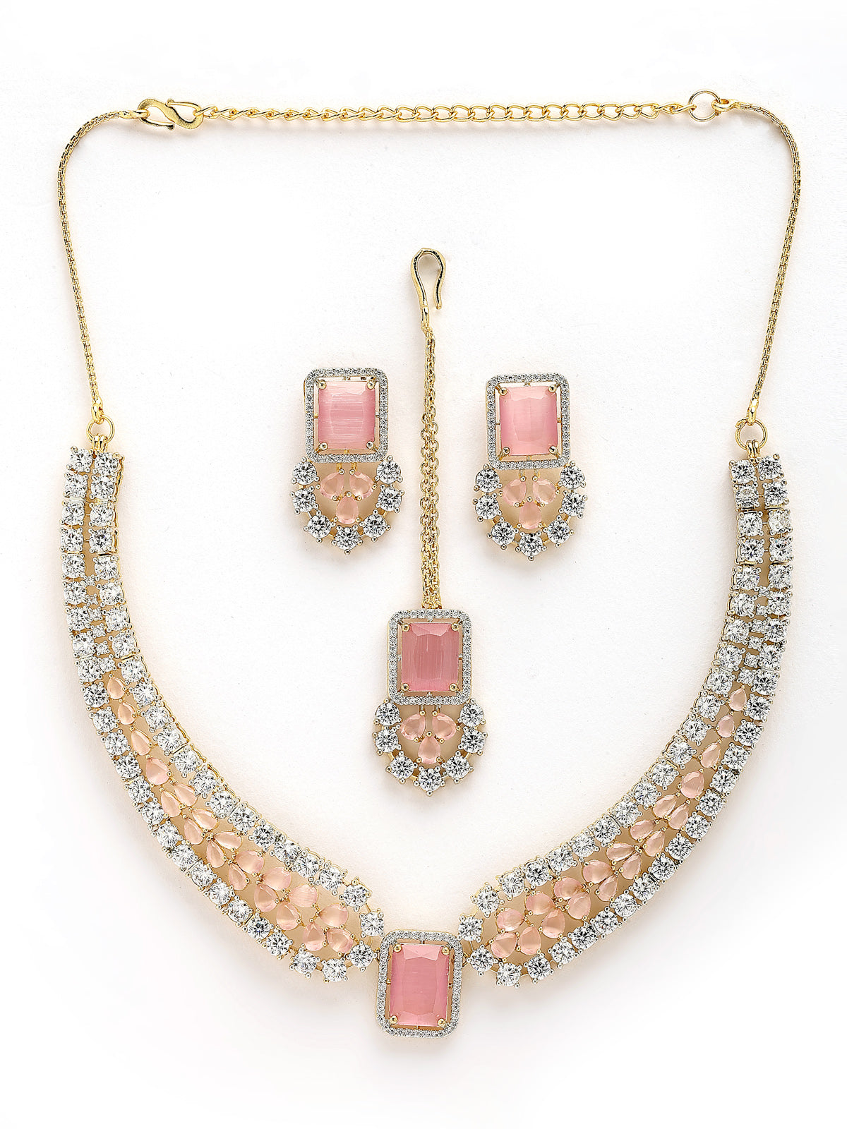 Sukkhi Charming Pink Fashion Gold Plated with Cubic Zirconia Studded Brass Collar Necklace with Studs Earring & Maangtikka Jewellery Set for Women|Latest Stylish Gifts for All Occasions|NS115979