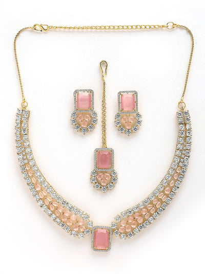 Sukkhi Charming Pink Fashion Gold Plated with Cubic Zirconia Studded Brass Collar Necklace with Studs Earring & Maangtikka Jewellery Set for Women|Latest Stylish Gifts for All Occasions|NS115979