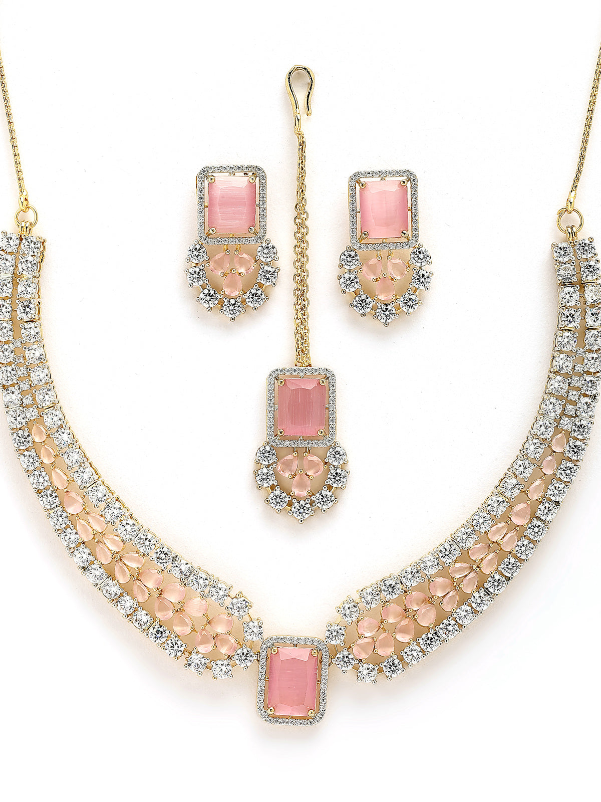 Sukkhi Charming Pink Fashion Gold Plated with Cubic Zirconia Studded Brass Collar Necklace with Studs Earring & Maangtikka Jewellery Set for Women|Latest Stylish Gifts for All Occasions|NS115979
