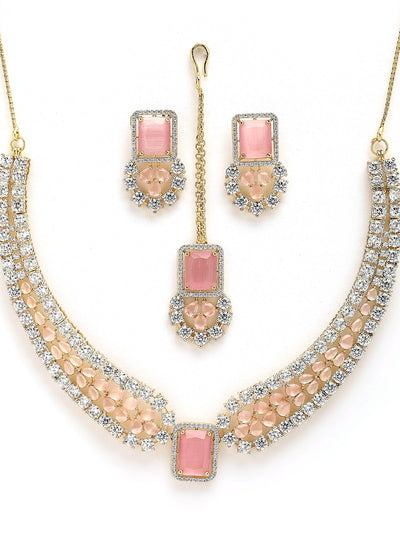 Sukkhi Charming Pink Fashion Gold Plated with Cubic Zirconia Studded Brass Collar Necklace with Studs Earring & Maangtikka Jewellery Set for Women|Latest Stylish Gifts for All Occasions|NS115979