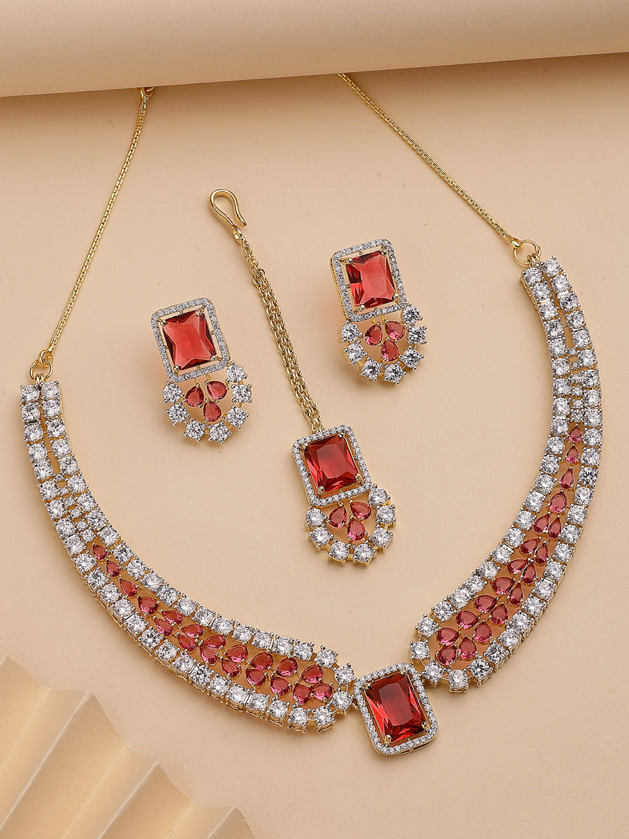 Sukkhi Unique Stylish & Designable Gold Plated Cubic Zirconia Studded Brass Red Collar Necklace with Studs Earring & Maangtikka Jewellery Set for Women|Latest Stylish Gifts for All Occasions|NS115980