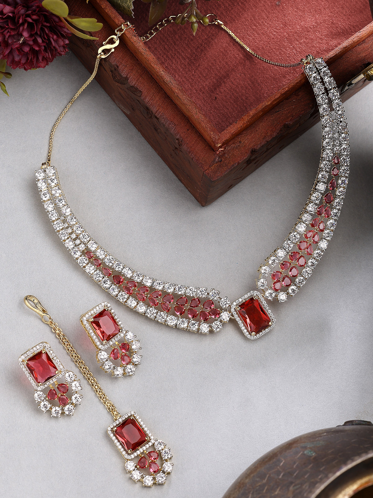 Sukkhi Unique Stylish & Designable Gold Plated Cubic Zirconia Studded Brass Red Collar Necklace with Studs Earring & Maangtikka Jewellery Set for Women|Latest Stylish Gifts for All Occasions|NS115980