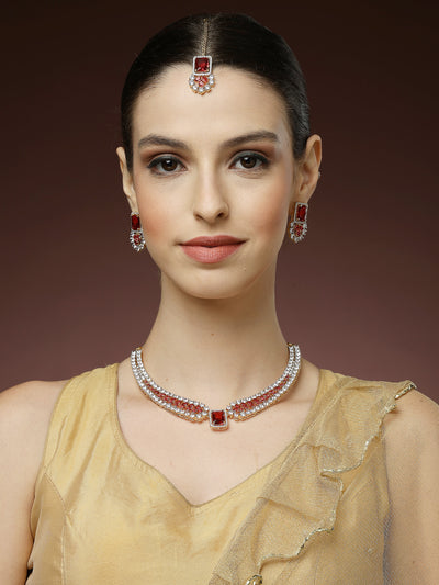 Sukkhi Unique Stylish & Designable Gold Plated Cubic Zirconia Studded Brass Red Collar Necklace with Studs Earring & Maangtikka Jewellery Set for Women|Latest Stylish Gifts for All Occasions|NS115980