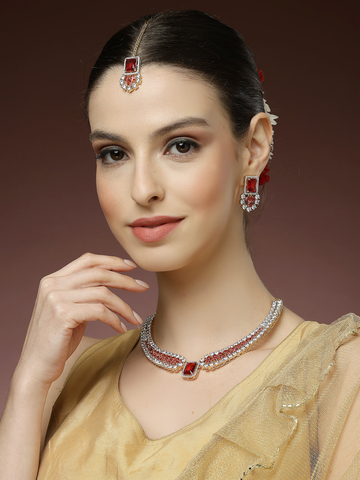 Sukkhi Unique Stylish & Designable Gold Plated Cubic Zirconia Studded Brass Red Collar Necklace with Studs Earring & Maangtikka Jewellery Set for Women|Latest Stylish Gifts for All Occasions|NS115980