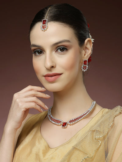 Sukkhi Unique Stylish & Designable Gold Plated Cubic Zirconia Studded Brass Red Collar Necklace with Studs Earring & Maangtikka Jewellery Set for Women|Latest Stylish Gifts for All Occasions|NS115980