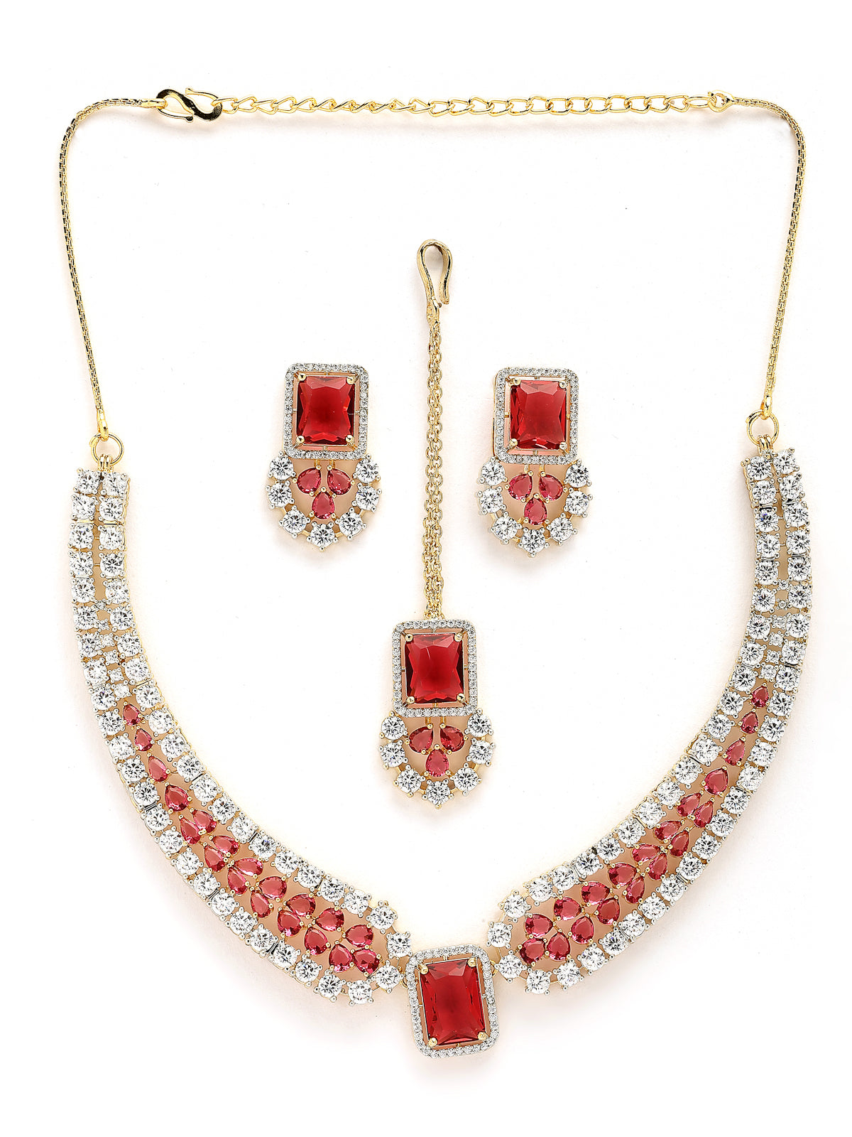 Sukkhi Unique Stylish & Designable Gold Plated Cubic Zirconia Studded Brass Red Collar Necklace with Studs Earring & Maangtikka Jewellery Set for Women|Latest Stylish Gifts for All Occasions|NS115980