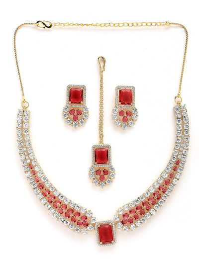 Sukkhi Unique Stylish & Designable Gold Plated Cubic Zirconia Studded Brass Red Collar Necklace with Studs Earring & Maangtikka Jewellery Set for Women|Latest Stylish Gifts for All Occasions|NS115980