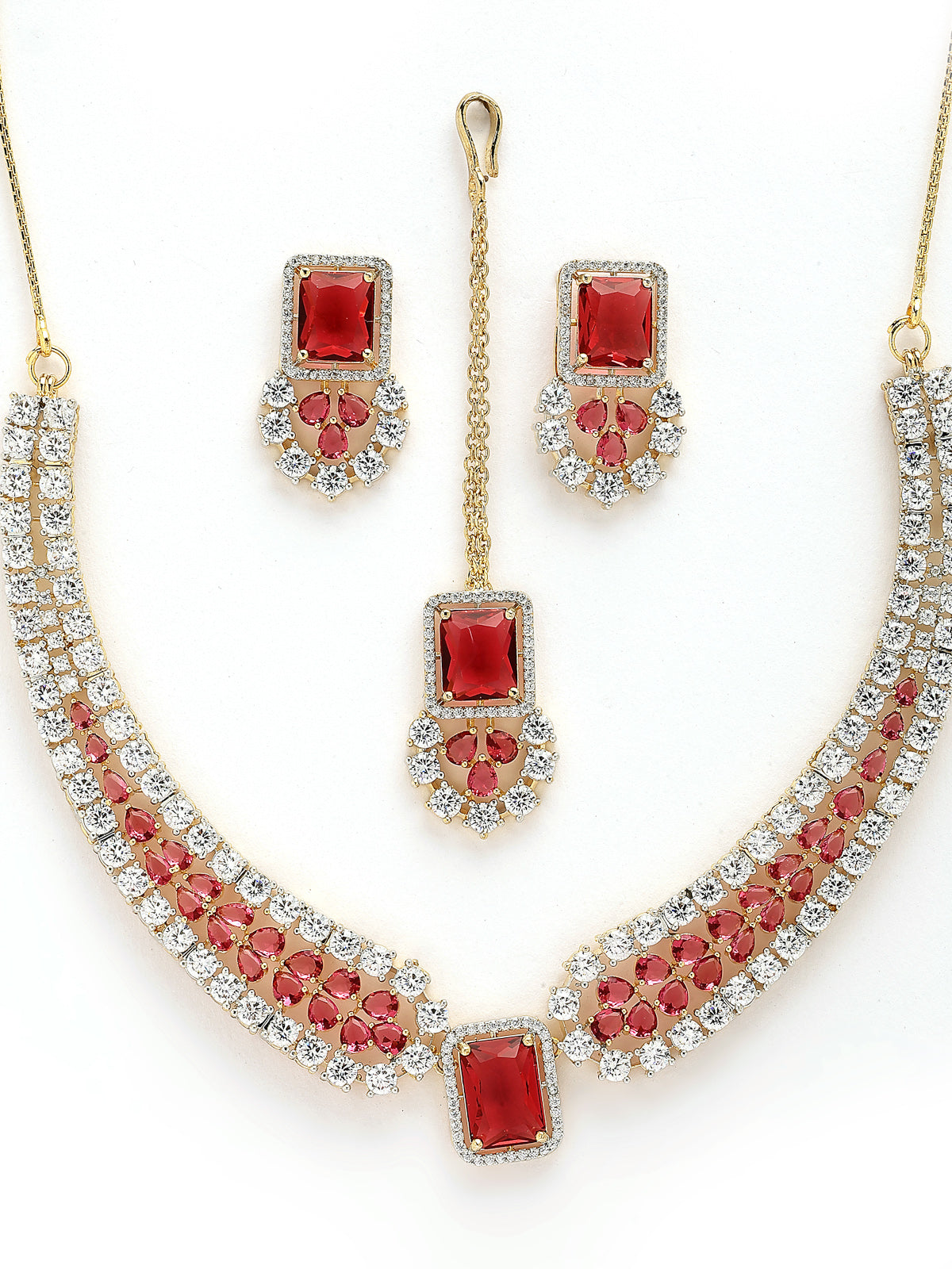 Sukkhi Unique Stylish & Designable Gold Plated Cubic Zirconia Studded Brass Red Collar Necklace with Studs Earring & Maangtikka Jewellery Set for Women|Latest Stylish Gifts for All Occasions|NS115980
