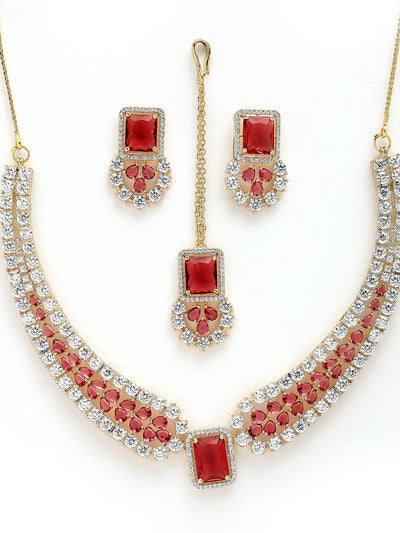 Sukkhi Unique Stylish & Designable Gold Plated Cubic Zirconia Studded Brass Red Collar Necklace with Studs Earring & Maangtikka Jewellery Set for Women|Latest Stylish Gifts for All Occasions|NS115980