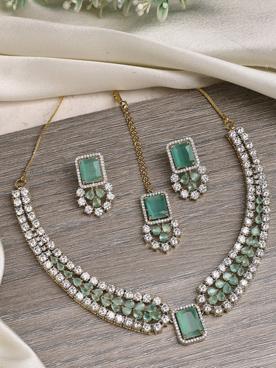 Sukkhi Beautiful Gold Plated with Cubic Zirconia Studded Brass Mint Green Collar Necklace with Studs Earring & Maangtikka Jewellery Set for Women|Latest Stylish Gifts for All Occasions|NS115981