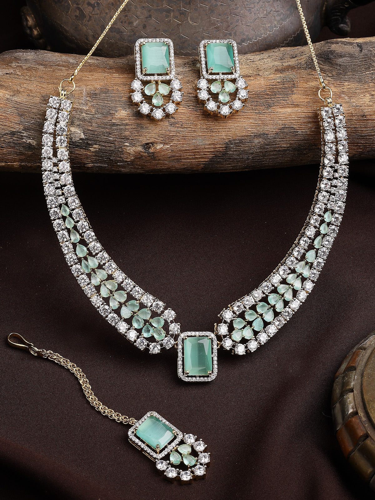 Sukkhi Beautiful Gold Plated with Cubic Zirconia Studded Brass Mint Green Collar Necklace with Studs Earring & Maangtikka Jewellery Set for Women|Latest Stylish Gifts for All Occasions|NS115981
