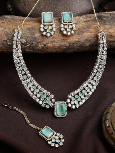 Sukkhi Beautiful Gold Plated with Cubic Zirconia Studded Brass Mint Green Collar Necklace with Studs Earring & Maangtikka Jewellery Set for Women|Latest Stylish Gifts for All Occasions|NS115981