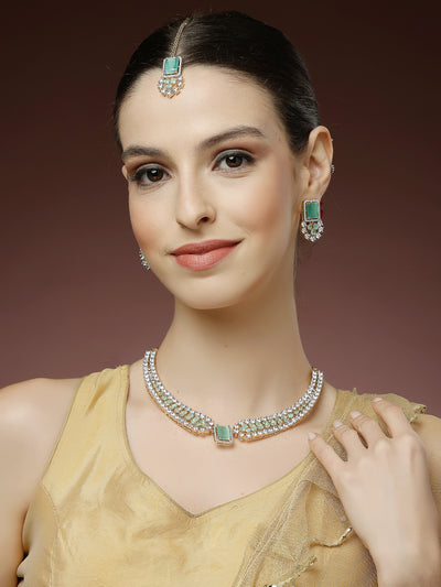 Sukkhi Beautiful Gold Plated with Cubic Zirconia Studded Brass Mint Green Collar Necklace with Studs Earring & Maangtikka Jewellery Set for Women|Latest Stylish Gifts for All Occasions|NS115981