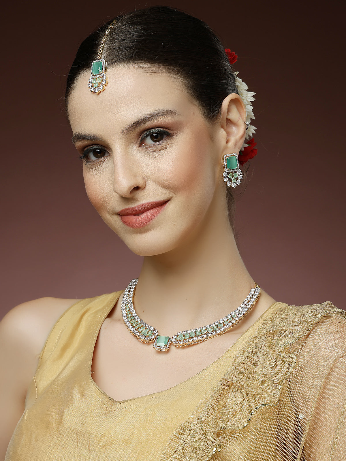 Sukkhi Beautiful Gold Plated with Cubic Zirconia Studded Brass Mint Green Collar Necklace with Studs Earring & Maangtikka Jewellery Set for Women|Latest Stylish Gifts for All Occasions|NS115981