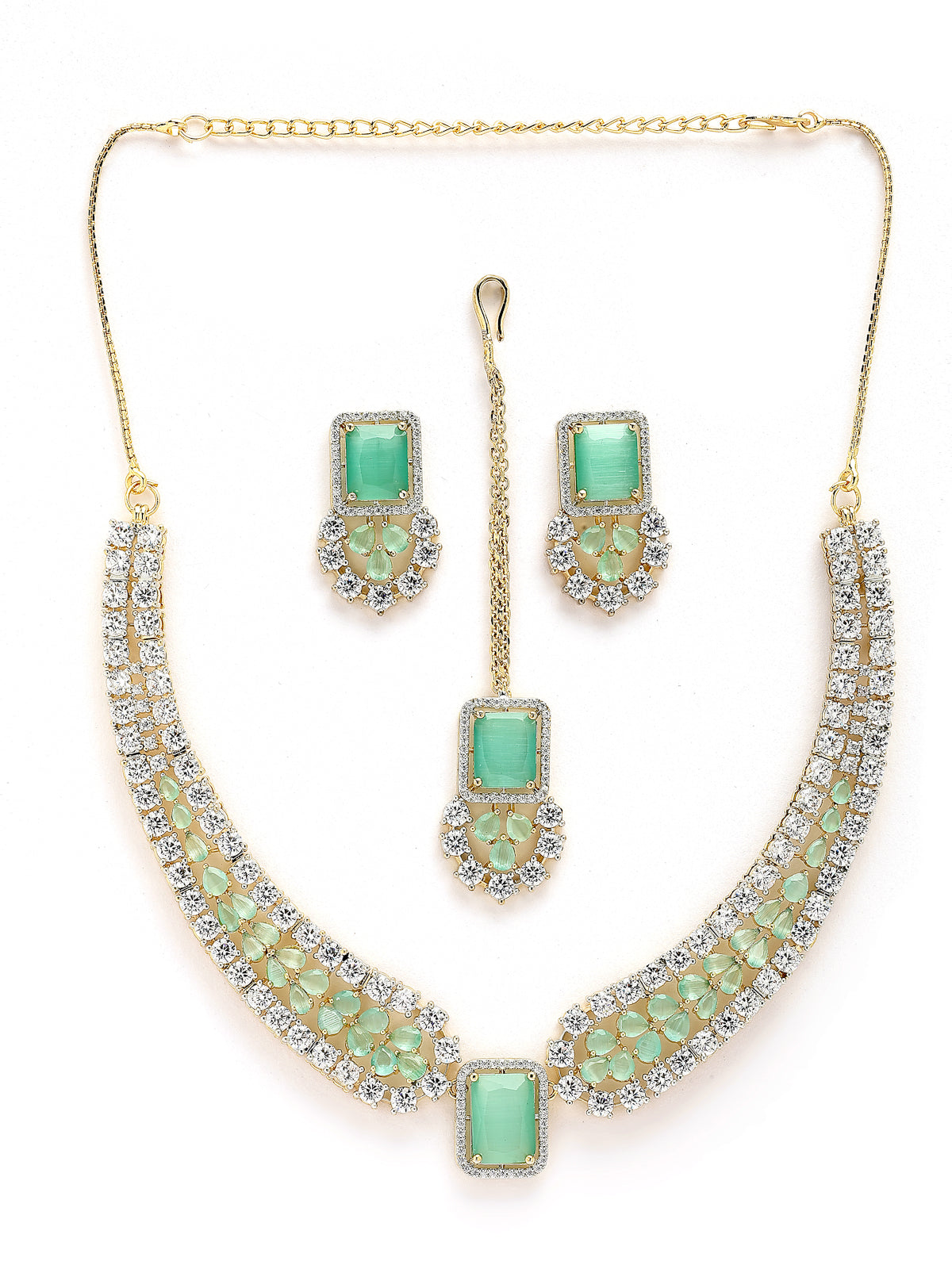 Sukkhi Beautiful Gold Plated with Cubic Zirconia Studded Brass Mint Green Collar Necklace with Studs Earring & Maangtikka Jewellery Set for Women|Latest Stylish Gifts for All Occasions|NS115981