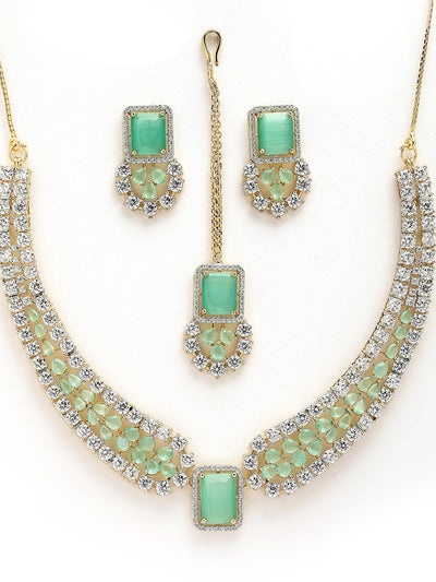 Sukkhi Beautiful Gold Plated with Cubic Zirconia Studded Brass Mint Green Collar Necklace with Studs Earring & Maangtikka Jewellery Set for Women|Latest Stylish Gifts for All Occasions|NS115981