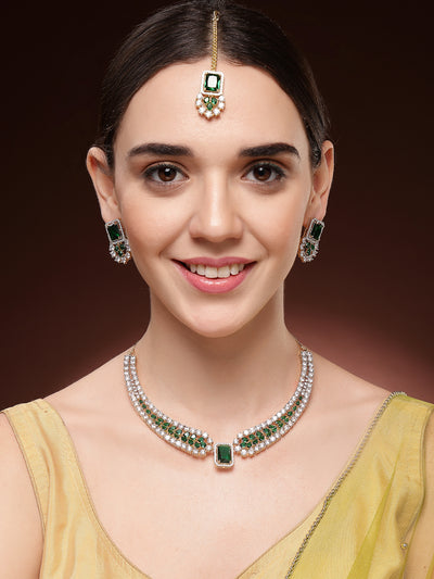 Sukkhi Wedding Collection Gold Plated Cubic Zirconia Studded Brass Emerald Green Collar Necklace & Studs Earring & Maangtikka Jewellery Set for Women|Latest Stylish Gifts for All Occasions|NS115982