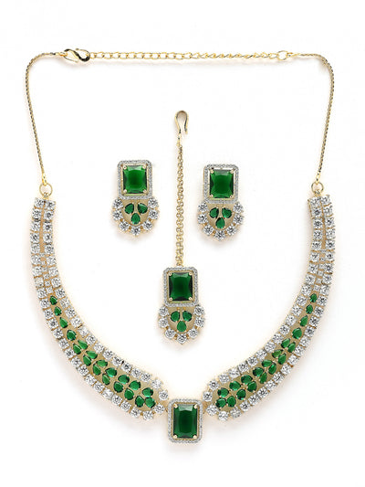 Sukkhi Wedding Collection Gold Plated Cubic Zirconia Studded Brass Emerald Green Collar Necklace & Studs Earring & Maangtikka Jewellery Set for Women|Latest Stylish Gifts for All Occasions|NS115982