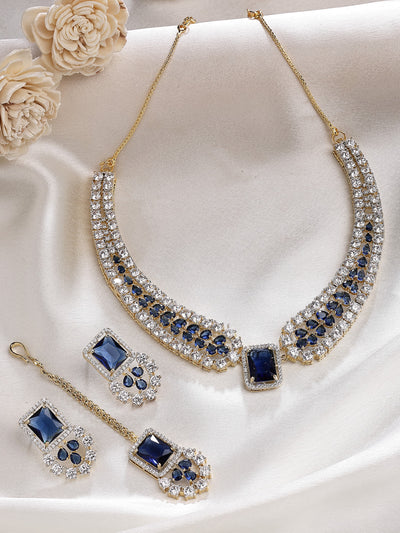 Sukkhi Sparkling Royal Blue Gold Plated with Cubic Zirconia Studded Brass Collar Necklace with Studs Earring & Maangtikka Jewellery Set for Women|Latest Stylish Gifts for All Occasions|NS115983