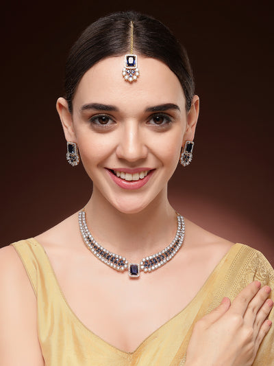 Sukkhi Sparkling Royal Blue Gold Plated with Cubic Zirconia Studded Brass Collar Necklace with Studs Earring & Maangtikka Jewellery Set for Women|Latest Stylish Gifts for All Occasions|NS115983