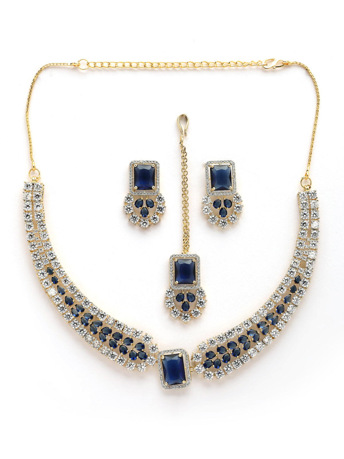 Sukkhi Sparkling Royal Blue Gold Plated with Cubic Zirconia Studded Brass Collar Necklace with Studs Earring & Maangtikka Jewellery Set for Women|Latest Stylish Gifts for All Occasions|NS115983