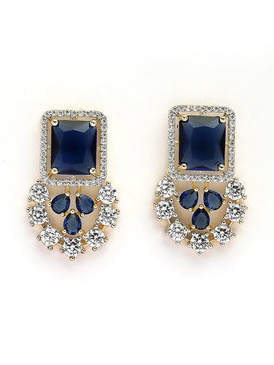 Sukkhi Sparkling Royal Blue Gold Plated with Cubic Zirconia Studded Brass Collar Necklace with Studs Earring & Maangtikka Jewellery Set for Women|Latest Stylish Gifts for All Occasions|NS115983