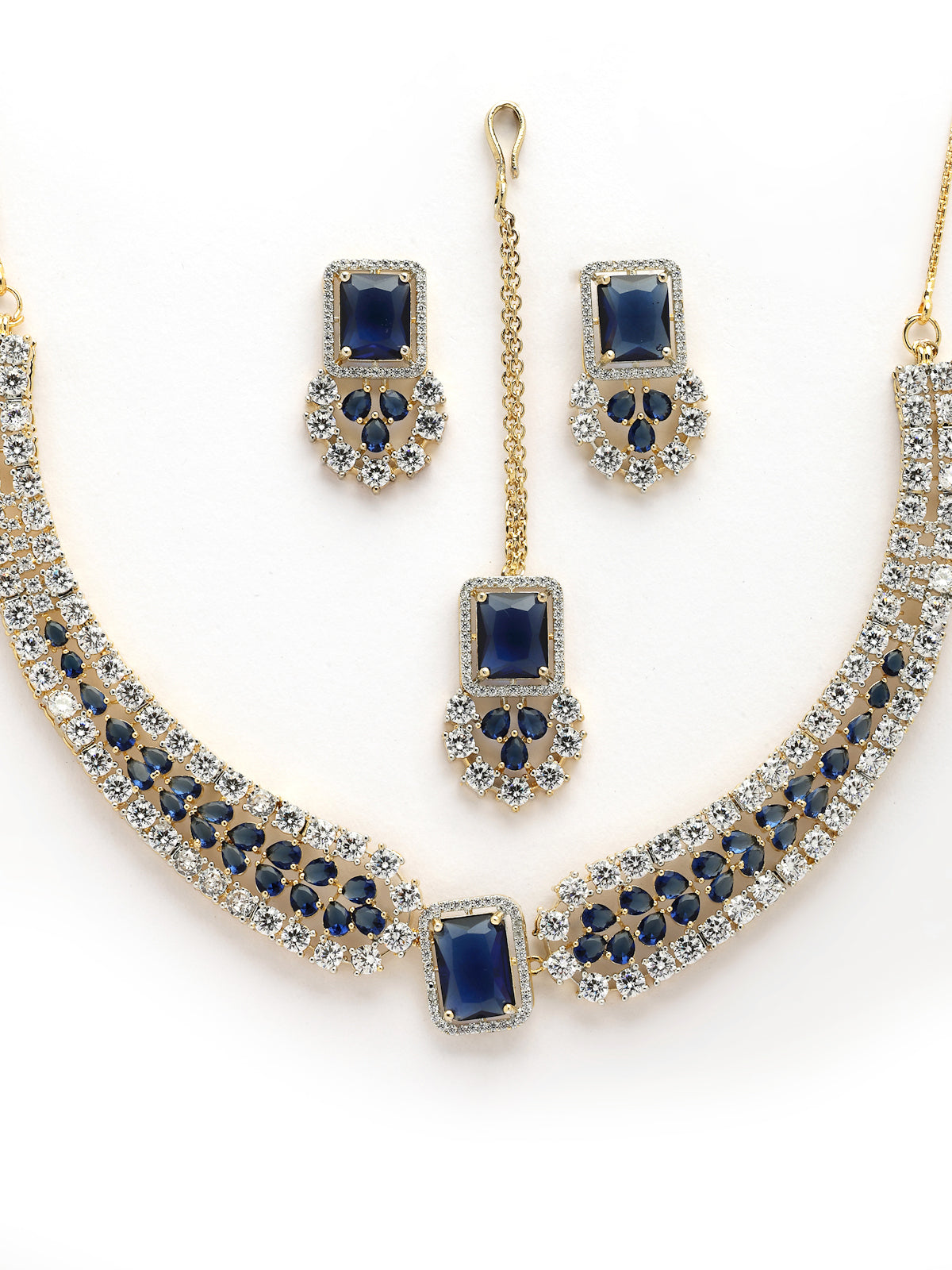 Sukkhi Sparkling Royal Blue Gold Plated with Cubic Zirconia Studded Brass Collar Necklace with Studs Earring & Maangtikka Jewellery Set for Women|Latest Stylish Gifts for All Occasions|NS115983