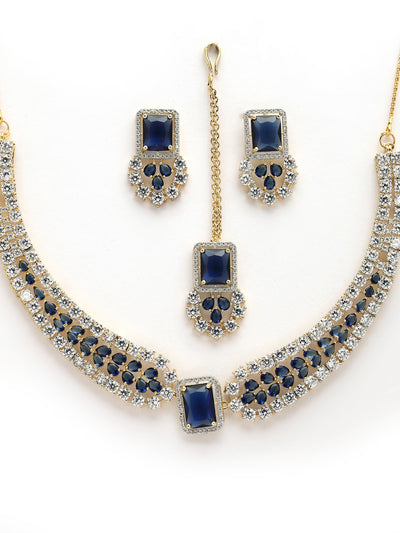 Sukkhi Sparkling Royal Blue Gold Plated with Cubic Zirconia Studded Brass Collar Necklace with Studs Earring & Maangtikka Jewellery Set for Women|Latest Stylish Gifts for All Occasions|NS115983
