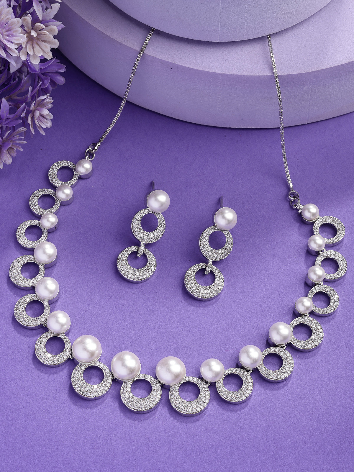Sukkhi Universal Style Fashion Rhodium Plated With Cubic Zirconia & Pearl Studded Brass White Collar Necklace & Drop Earrings Jewellery Set for Women|Latest Stylish Gifts for All Occasions|NS116018