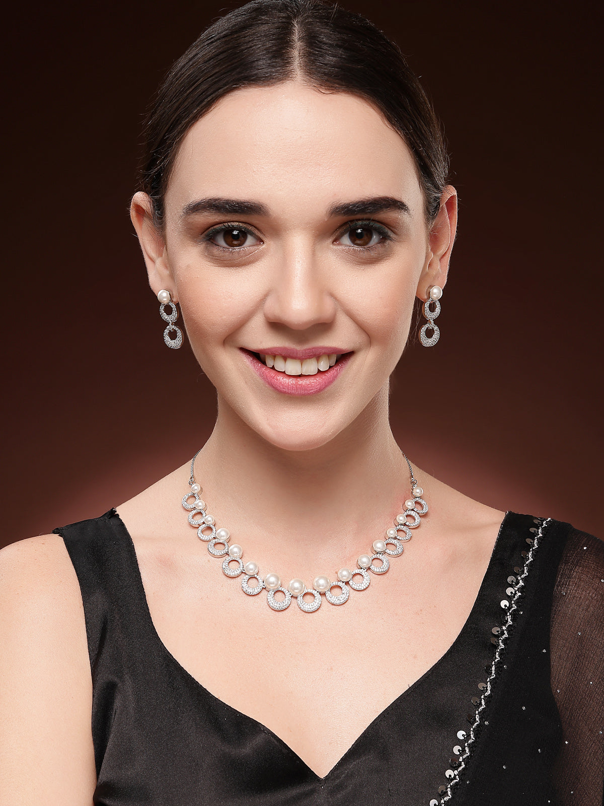 Sukkhi Universal Style Fashion Rhodium Plated With Cubic Zirconia & Pearl Studded Brass White Collar Necklace & Drop Earrings Jewellery Set for Women|Latest Stylish Gifts for All Occasions|NS116018
