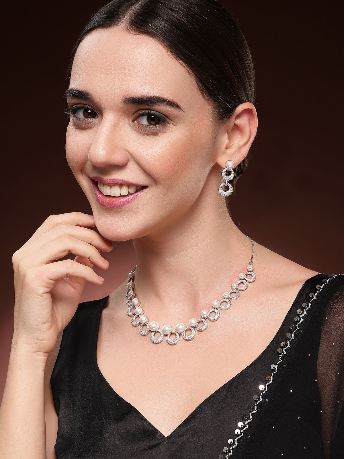 Sukkhi Universal Style Fashion Rhodium Plated With Cubic Zirconia & Pearl Studded Brass White Collar Necklace & Drop Earrings Jewellery Set for Women|Latest Stylish Gifts for All Occasions|NS116018