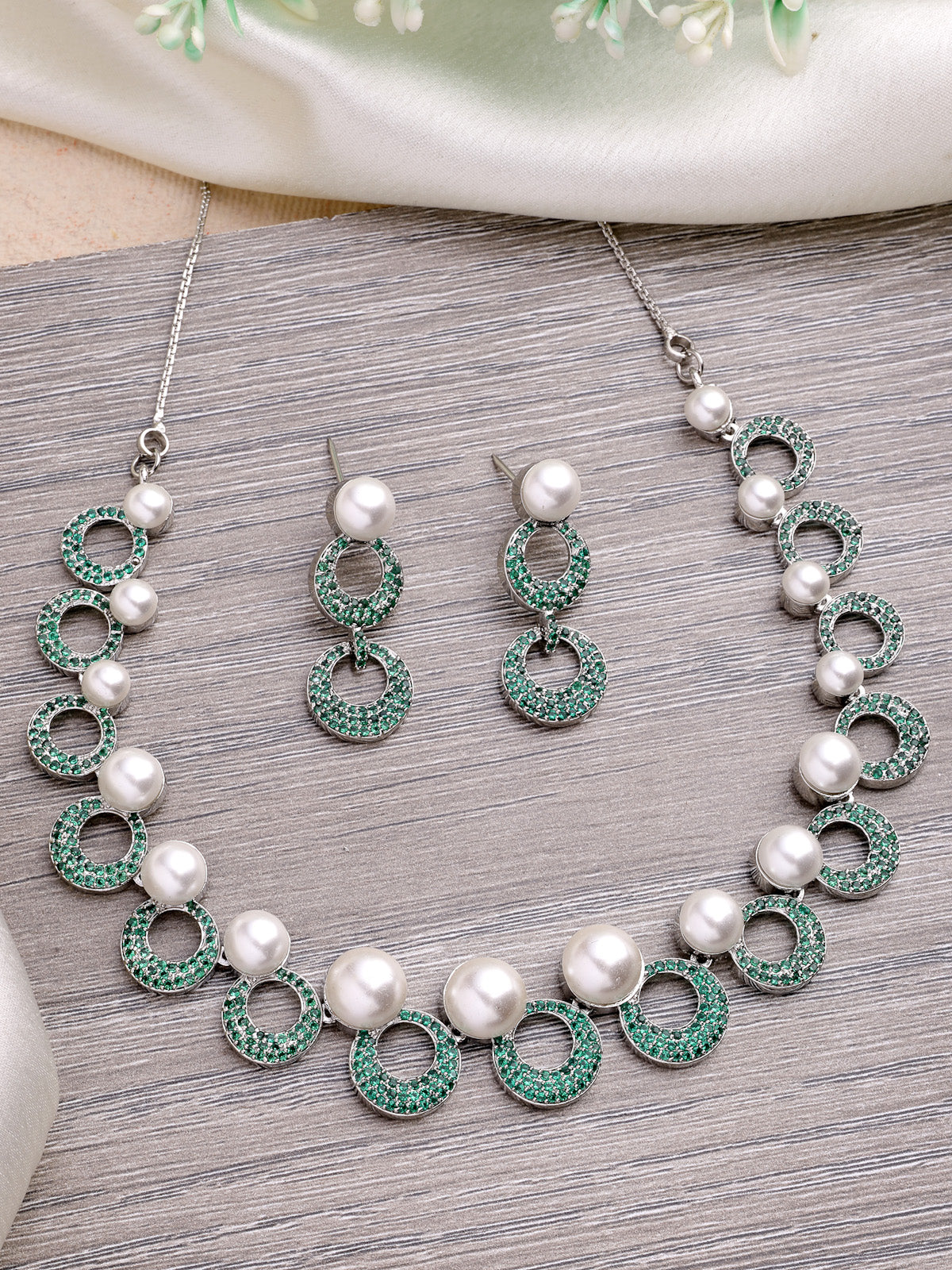 Sukkhi Classy Style Rhodium Plated with Cubic Zirconia & Pearl Studded Green Brass Collar Necklace with Drop Earrings Jewellery Set for Women|Latest Stylish Gifts for All Occasions|NS116019