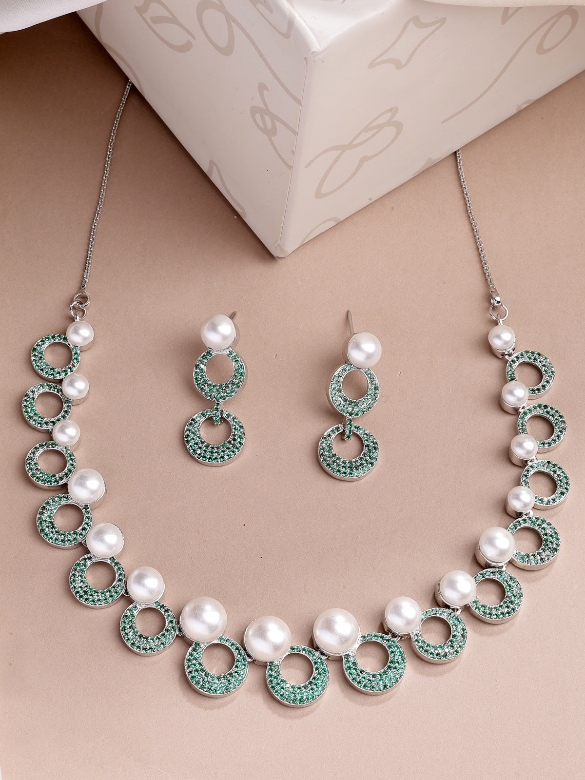 Sukkhi Classy Style Rhodium Plated with Cubic Zirconia & Pearl Studded Green Brass Collar Necklace with Drop Earrings Jewellery Set for Women|Latest Stylish Gifts for All Occasions|NS116019