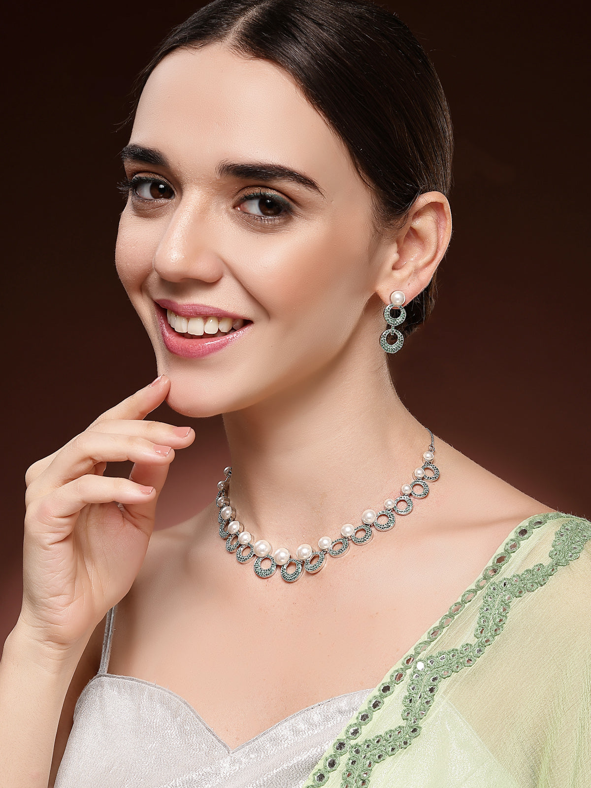 Sukkhi Classy Style Rhodium Plated with Cubic Zirconia & Pearl Studded Green Brass Collar Necklace with Drop Earrings Jewellery Set for Women|Latest Stylish Gifts for All Occasions|NS116019