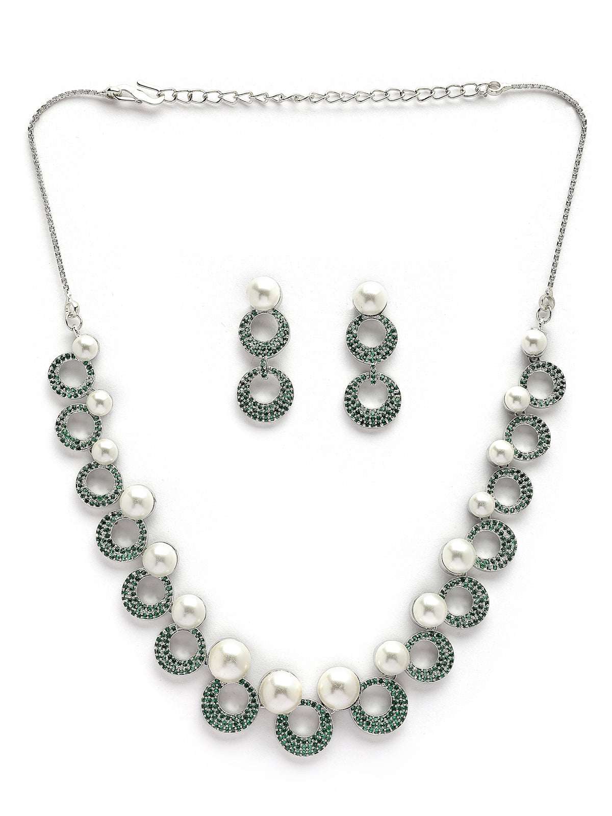 Sukkhi Classy Style Rhodium Plated with Cubic Zirconia & Pearl Studded Green Brass Collar Necklace with Drop Earrings Jewellery Set for Women|Latest Stylish Gifts for All Occasions|NS116019